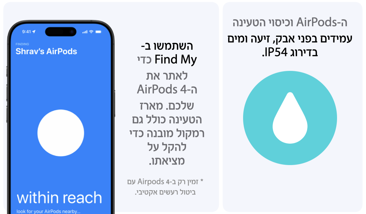 ה-AirPods וכיסוי הטעינה עמידים בפני אבק, זיעה ומים בדירוג IP54. השתמשו ב- Find My כדי לאתר את ה-AirPods 4 שלכם. מארז הטעינה כולל גם רמקול מובנה כדי להקל על מציאתו.